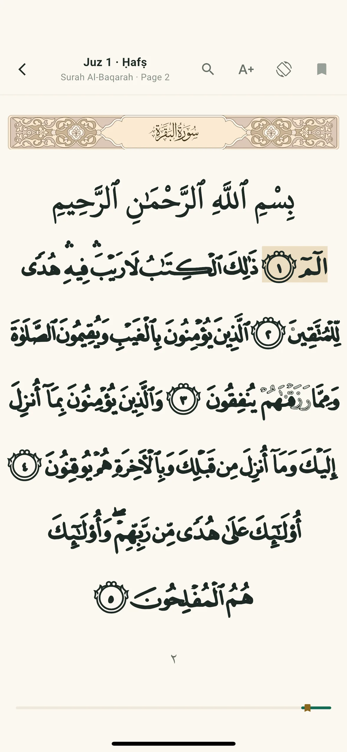 The built-in page-accurate Mushaf reader